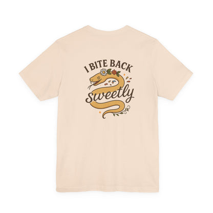 “I Bite Back Sweetly” Floral Snake Shirt – Front & Back Baby Blue Tee with Vintage Garden Print