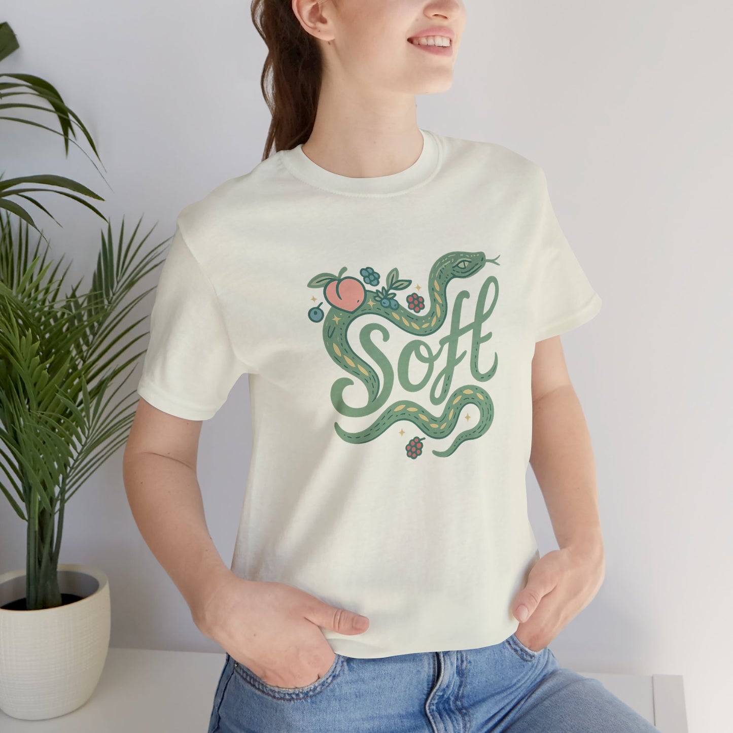 Soft Snake Graphic Tee – Mystical Nature-Inspired Unisex Shirt, Botanical Serpent Design, Whimsical Eco Aesthetic
