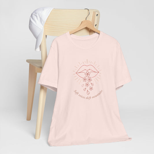 Soft Voices Shift Mountains – Minimalist Lips & Floral Empowerment T-Shirt