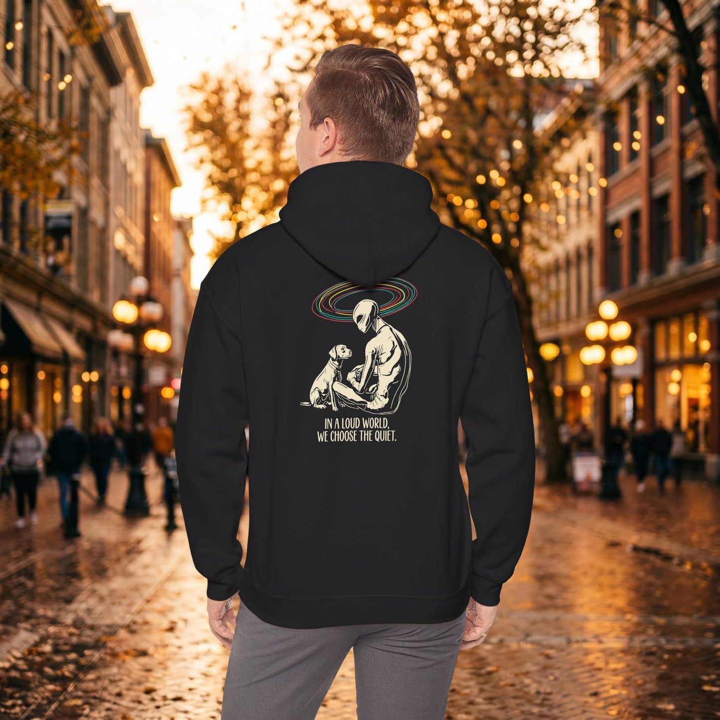 Alien and dog hoodie with front and back print, space alien design, perfect for dog moms and introverts, by Printify.