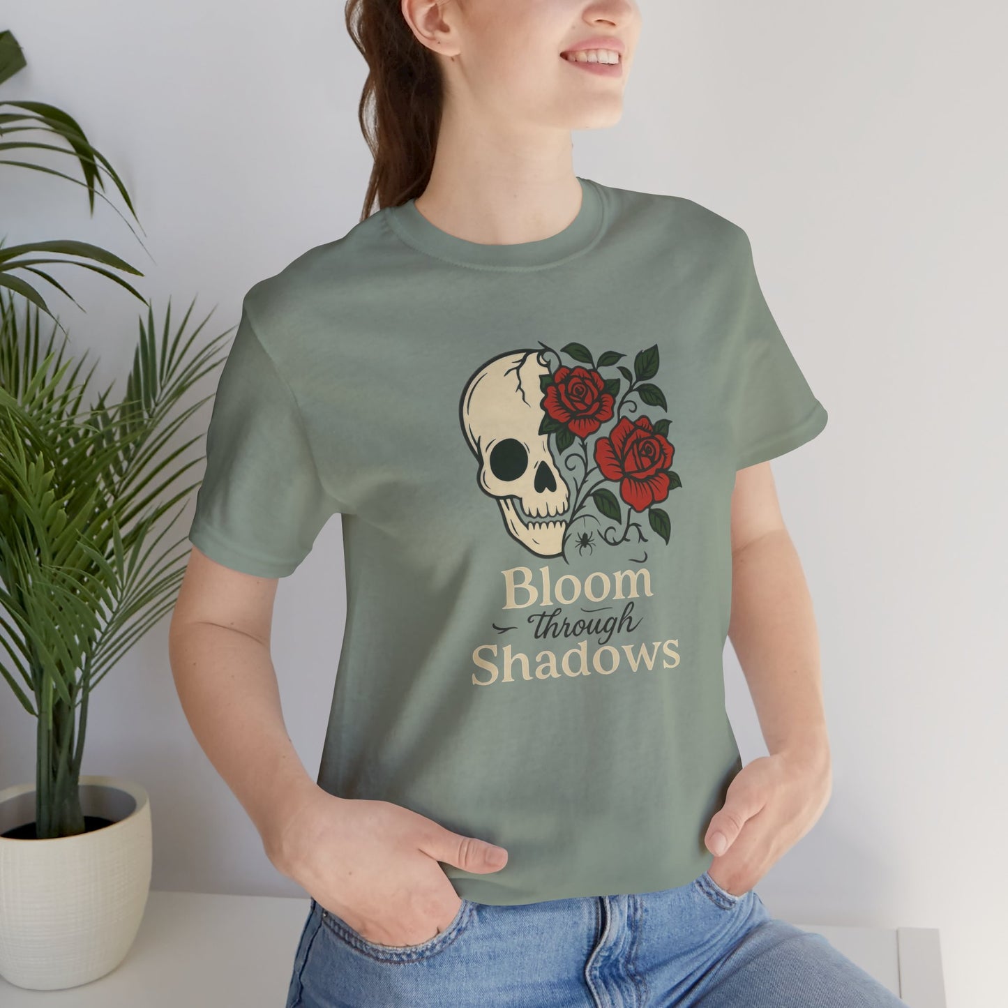 Bloom Through Shadows T-Shirt – Gothic Skull with Roses Empowerment Tee