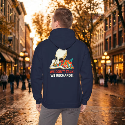 Alien Cat Hoodie — We Don't Talk. We Recharge. | Unisex Heavy Blend™ Hooded Sweatshirt - Spirit Stitch