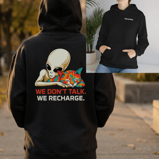 Alien Cat Hoodie — We Don't Talk. We Recharge. | Unisex Heavy Blend™ Hooded Sweatshirt - Spirit Stitch