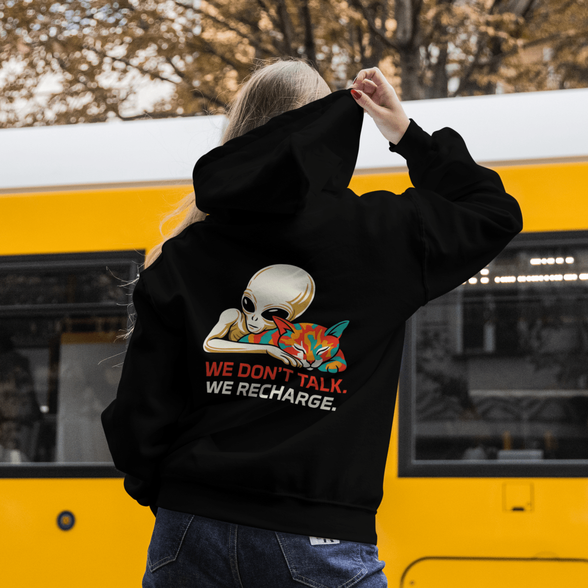 Alien Cat Hoodie — We Don't Talk. We Recharge. | Unisex Heavy Blend™ Hooded Sweatshirt - Spirit Stitch
