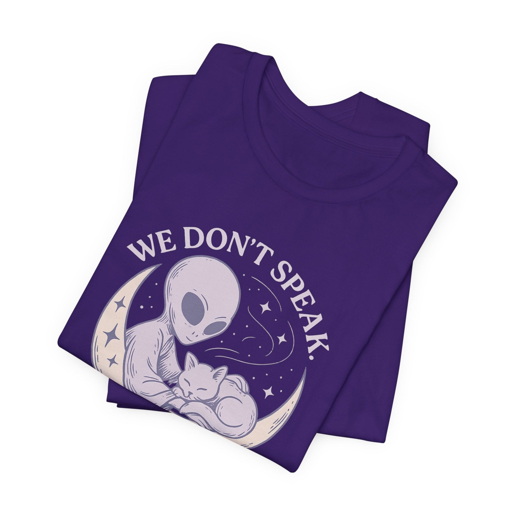Alien & Cat Moon T-Shirt – We Don’t Speak, We Soothe | Cosmic Comfort Tee - Spirit Stitch