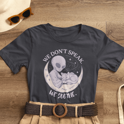 Alien & Cat Moon T-Shirt – We Don’t Speak, We Soothe | Cosmic Comfort Tee - Spirit Stitch