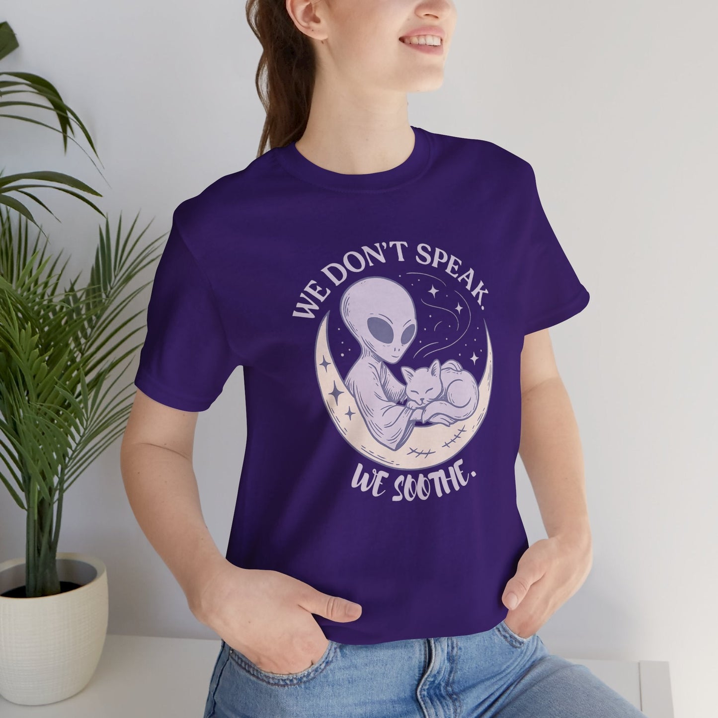 Alien & Cat Moon T-Shirt – We Don’t Speak, We Soothe | Cosmic Comfort Tee - Spirit Stitch