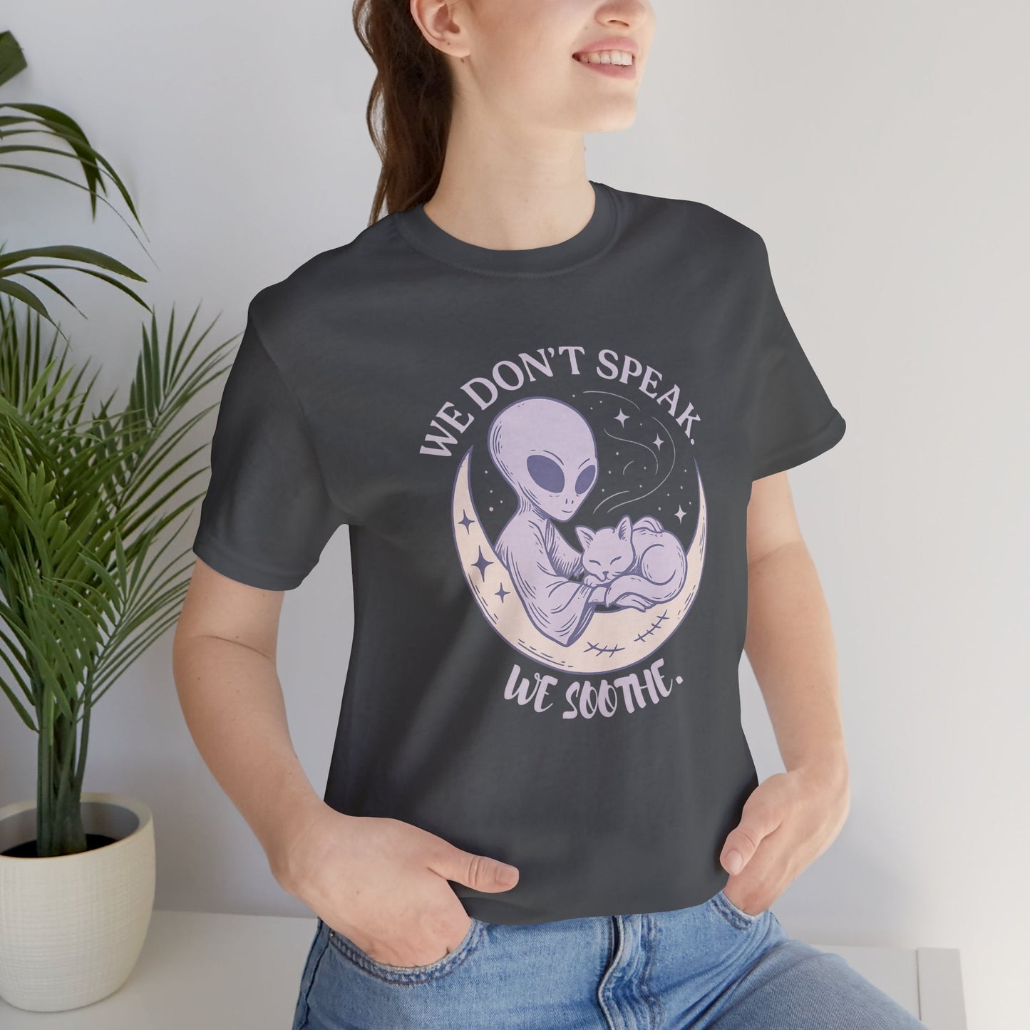 Alien & Cat Moon T-Shirt – We Don’t Speak, We Soothe | Cosmic Comfort Tee - Spirit Stitch