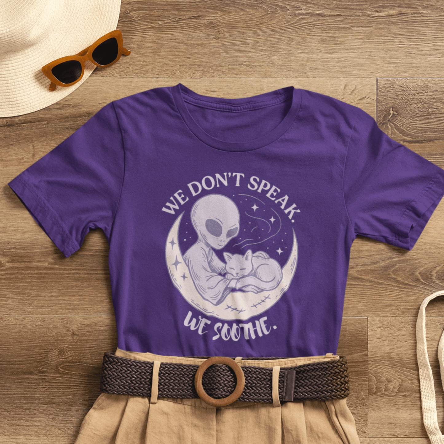 Alien & Cat Moon T-Shirt – We Don’t Speak, We Soothe | Cosmic Comfort Tee - Spirit Stitch