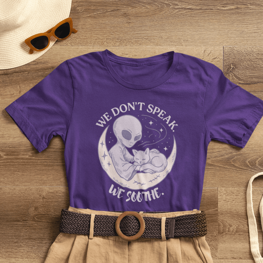 Alien & Cat Moon T-Shirt – We Don’t Speak, We Soothe | Cosmic Comfort Tee - Spirit Stitch