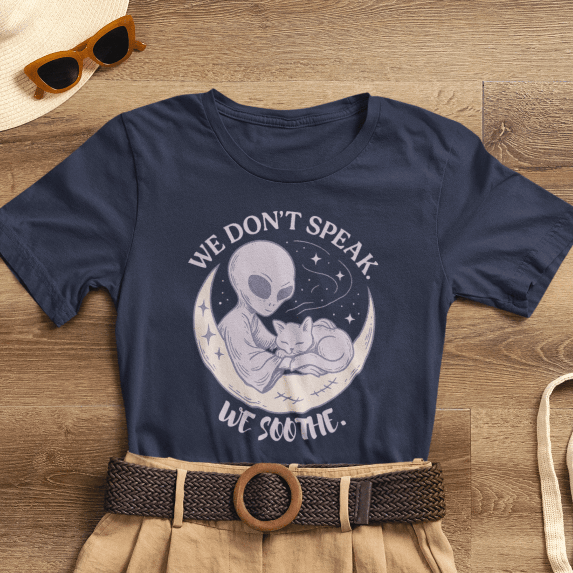 Alien & Cat Moon T-Shirt – We Don’t Speak, We Soothe | Cosmic Comfort Tee - Spirit Stitch