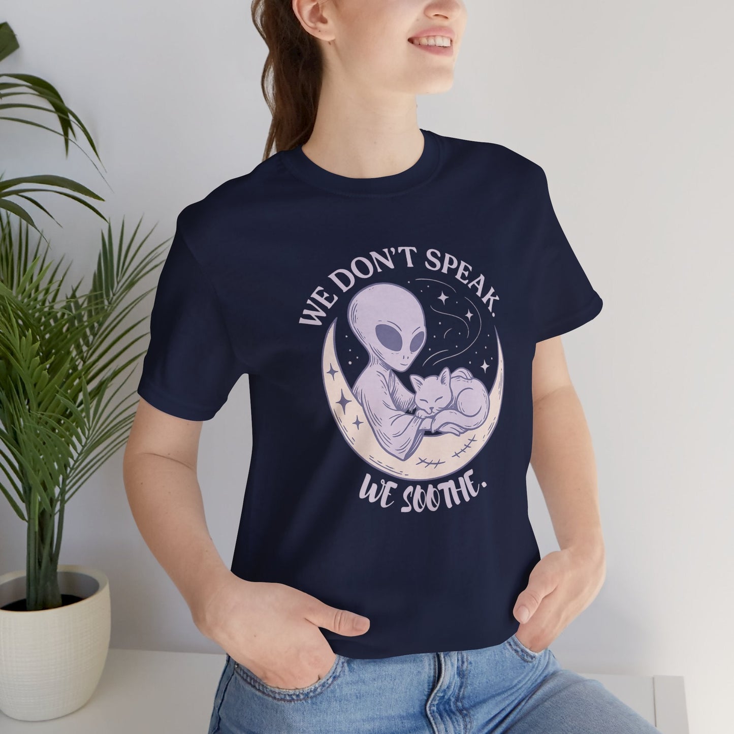 Alien & Cat Moon T-Shirt – We Don’t Speak, We Soothe | Cosmic Comfort Tee - Spirit Stitch