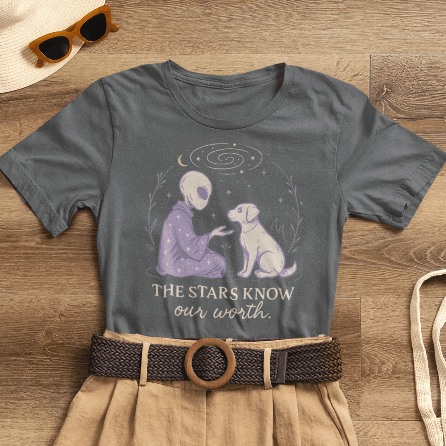 Alien & Dog Cosmic T-Shirt – The Stars Know Our Worth | Celestial Empathy Tee - Spirit Stitch