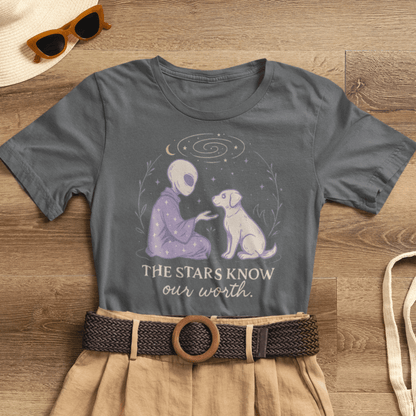 Alien & Dog Cosmic T-Shirt – The Stars Know Our Worth | Celestial Empathy Tee - Spirit Stitch