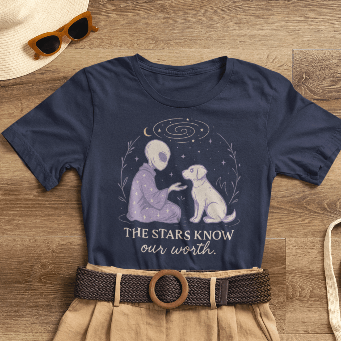 Alien & Dog Cosmic T-Shirt – The Stars Know Our Worth | Celestial Empathy Tee - Spirit Stitch