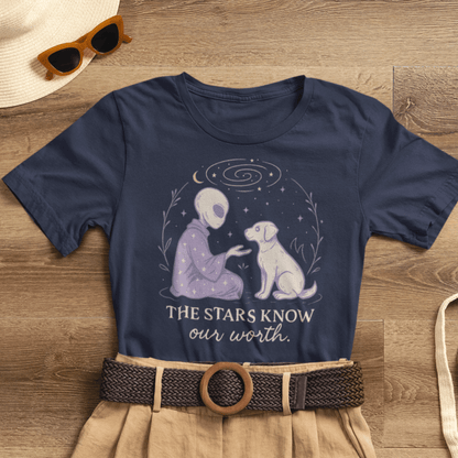 Alien & Dog Cosmic T-Shirt – The Stars Know Our Worth | Celestial Empathy Tee - Spirit Stitch
