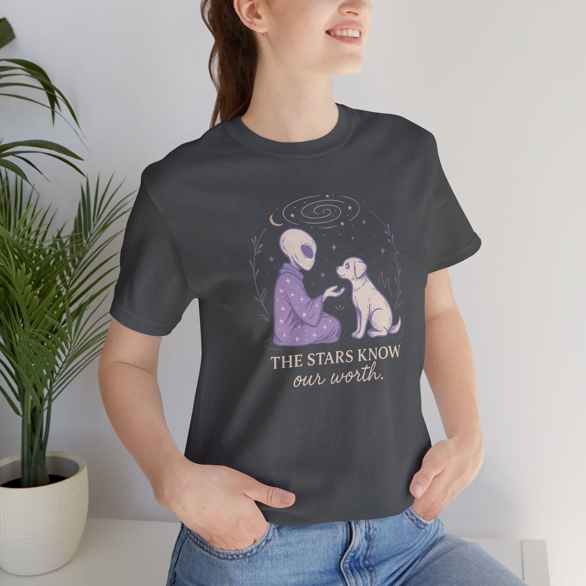 Alien & Dog Cosmic T-Shirt – The Stars Know Our Worth | Celestial Empathy Tee - Spirit Stitch