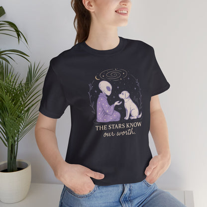 Alien & Dog Cosmic T-Shirt – The Stars Know Our Worth | Celestial Empathy Tee - Spirit Stitch