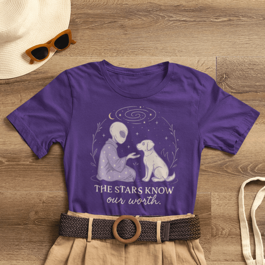 Alien & Dog Cosmic T-Shirt – The Stars Know Our Worth | Celestial Empathy Tee - Spirit Stitch