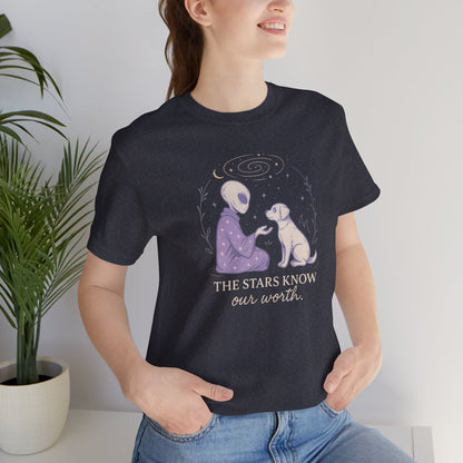 Alien & Dog Cosmic T-Shirt – The Stars Know Our Worth | Celestial Empathy Tee - Spirit Stitch
