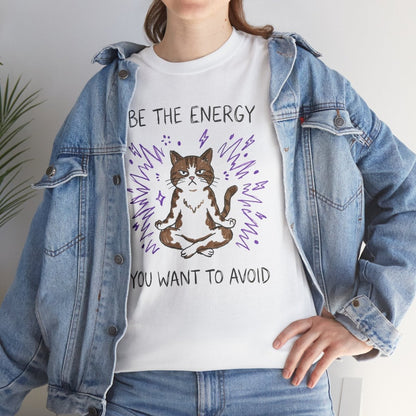Be the Energy You Want to Avoid Shirt | Classic Heavy Cotton Tee | Funny Cat Tee | Sarcastic Introvert Gift | Grumpy Meditating Cat - Spirit Stitch