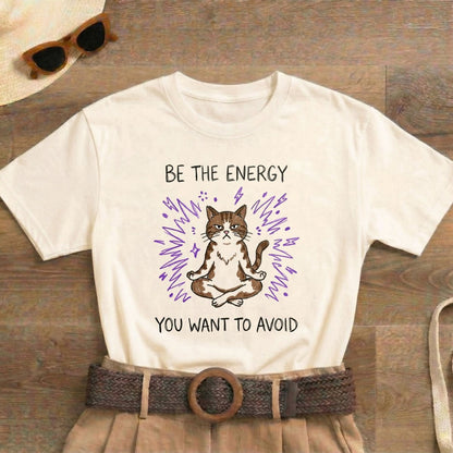 Be the Energy You Want to Avoid Shirt | Classic Heavy Cotton Tee | Funny Cat Tee | Sarcastic Introvert Gift | Grumpy Meditating Cat - Spirit Stitch