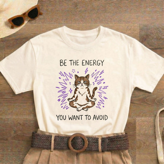 Be the Energy You Want to Avoid Shirt | Classic Heavy Cotton Tee | Funny Cat Tee | Sarcastic Introvert Gift | Grumpy Meditating Cat - Spirit Stitch