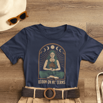 Bloom On My Terms T-Shirt – Feminine Moon Phases Graphic Tee, Self Growth Boho Shirt, Empowering Goddess Top - Spirit Stitch
