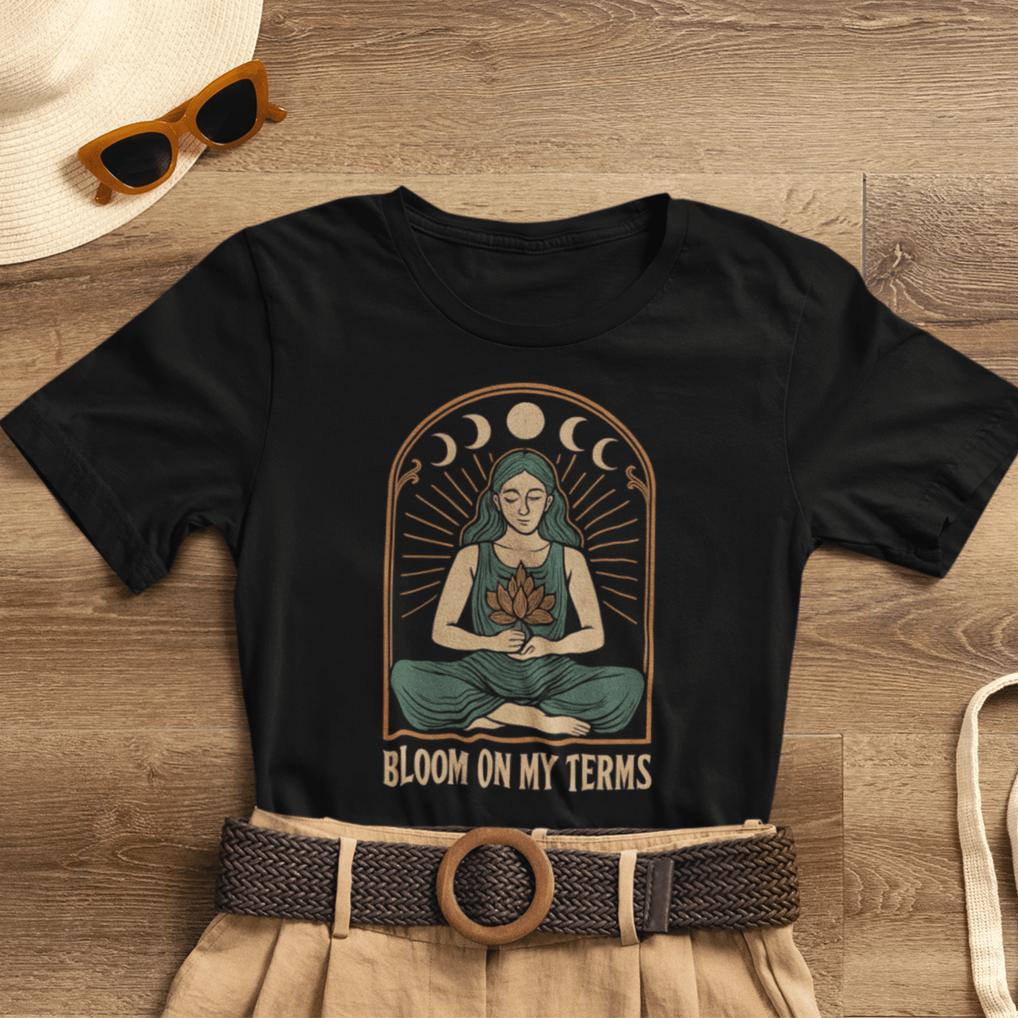Bloom On My Terms T-Shirt – Feminine Moon Phases Graphic Tee, Self Growth Boho Shirt, Empowering Goddess Top - Spirit Stitch