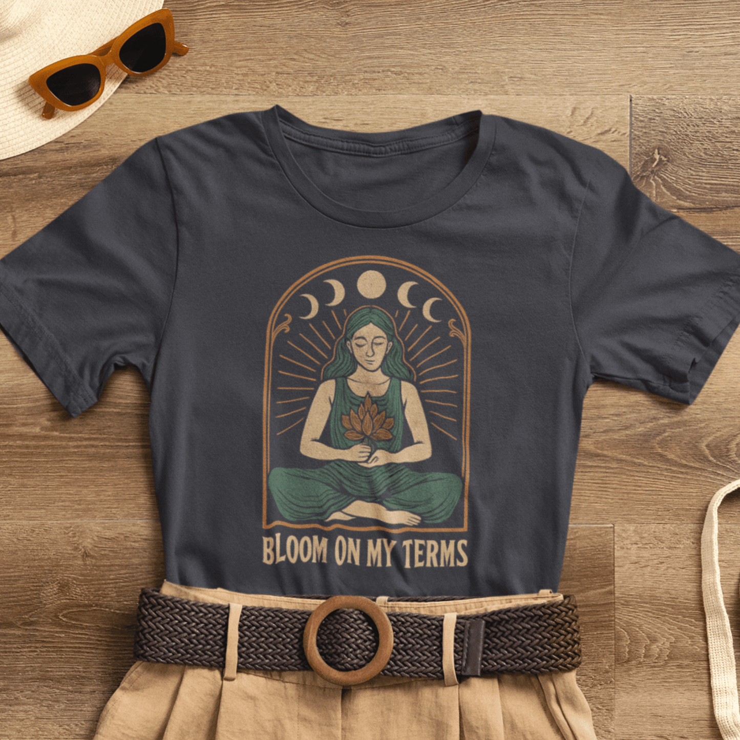 Bloom On My Terms T-Shirt – Feminine Moon Phases Graphic Tee, Self Growth Boho Shirt, Empowering Goddess Top - Spirit Stitch
