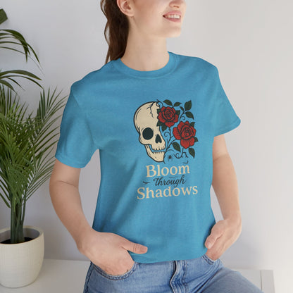 Bloom Through Shadows T-Shirt – Gothic Skull with Roses Empowerment Tee - Spirit Stitch
