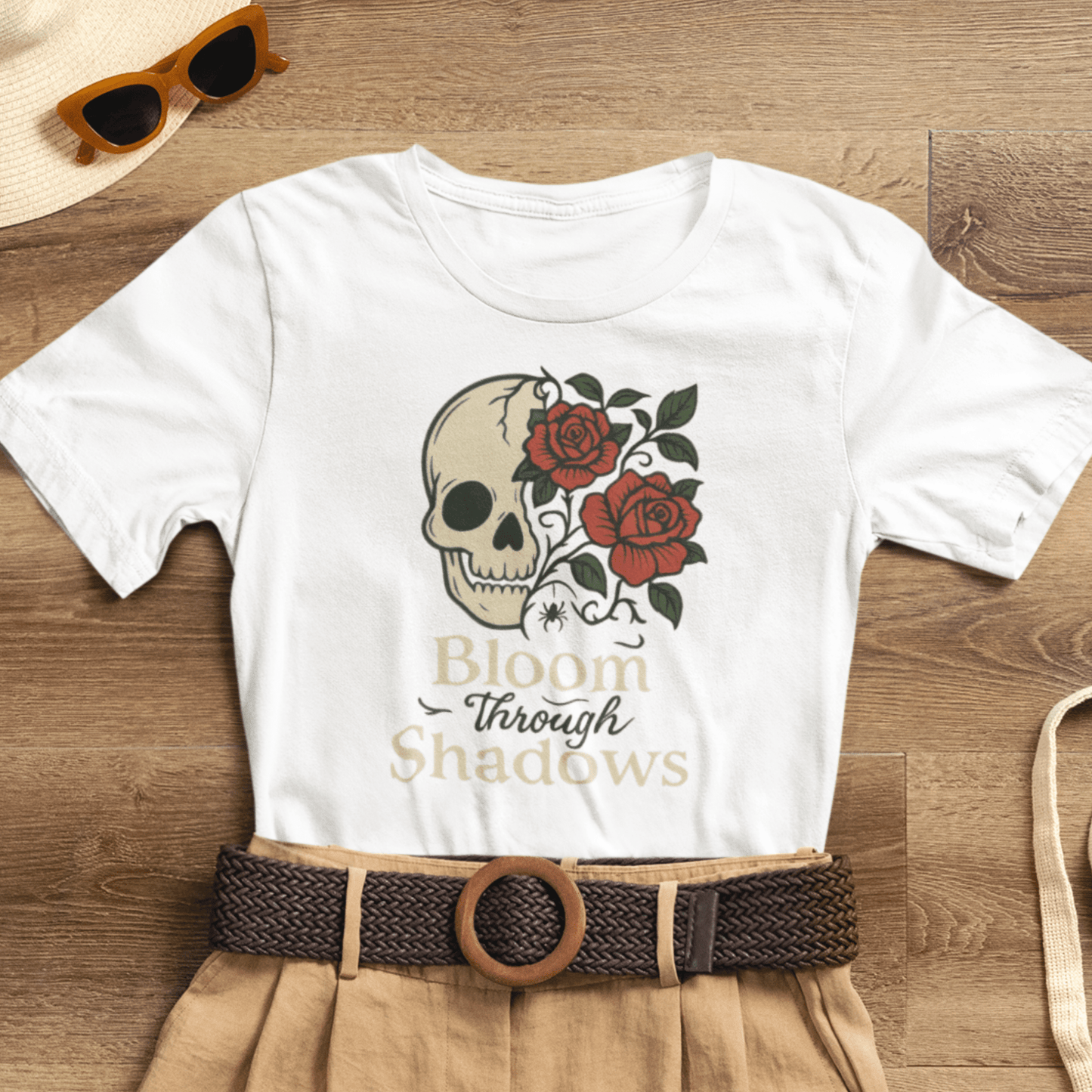 Bloom Through Shadows T-Shirt – Gothic Skull with Roses Empowerment Tee - Spirit Stitch