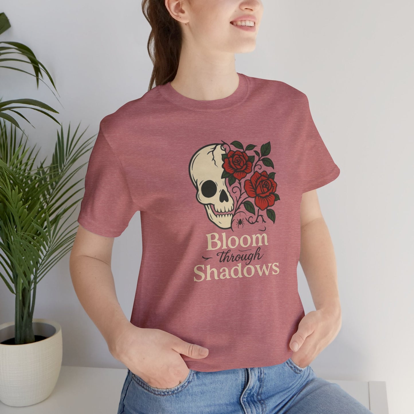 Bloom Through Shadows T-Shirt – Gothic Skull with Roses Empowerment Tee - Spirit Stitch
