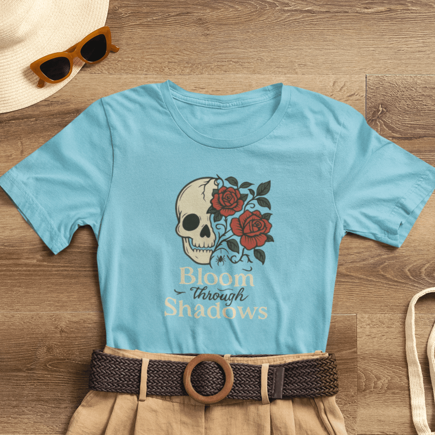 Bloom Through Shadows T-Shirt – Gothic Skull with Roses Empowerment Tee - Spirit Stitch