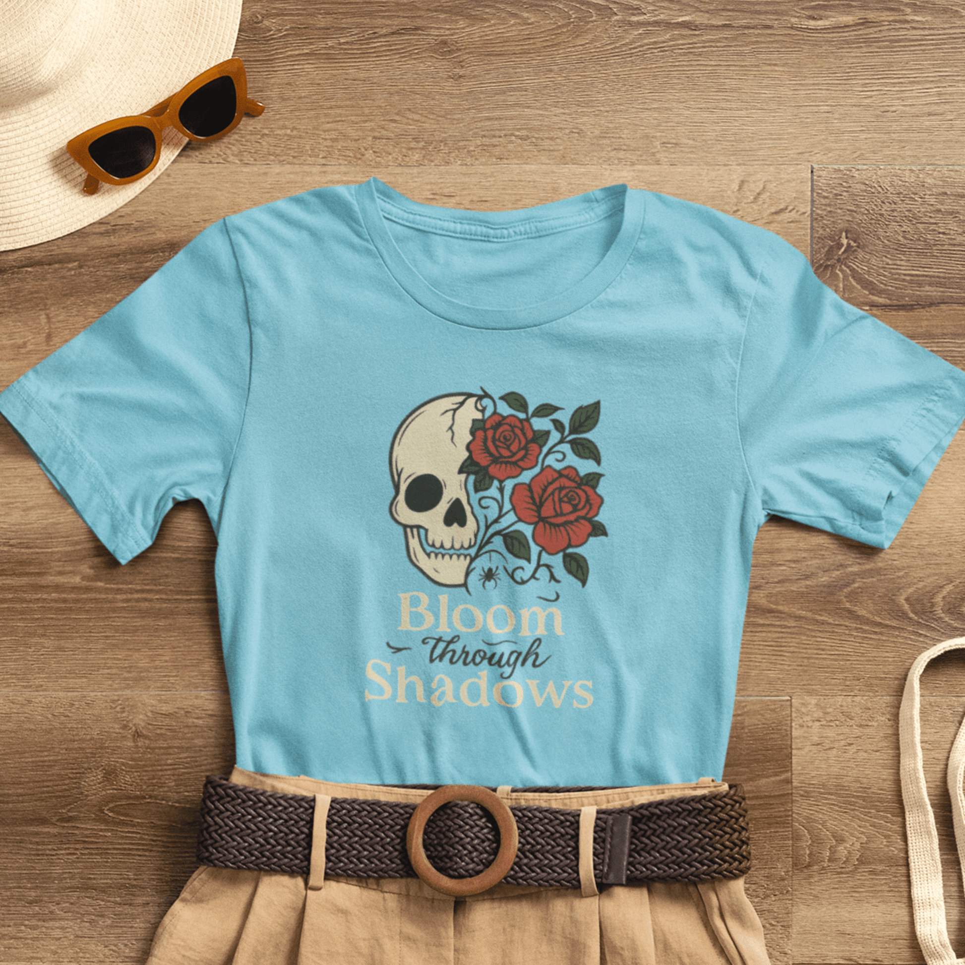 Bloom Through Shadows T-Shirt – Gothic Skull with Roses Empowerment Tee - Spirit Stitch