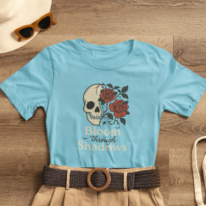 Bloom Through Shadows T-Shirt – Gothic Skull with Roses Empowerment Tee - Spirit Stitch