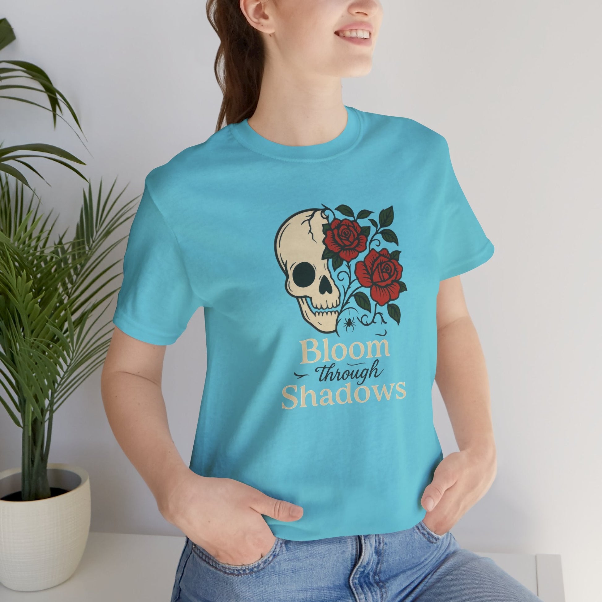 Bloom Through Shadows T-Shirt – Gothic Skull with Roses Empowerment Tee - Spirit Stitch