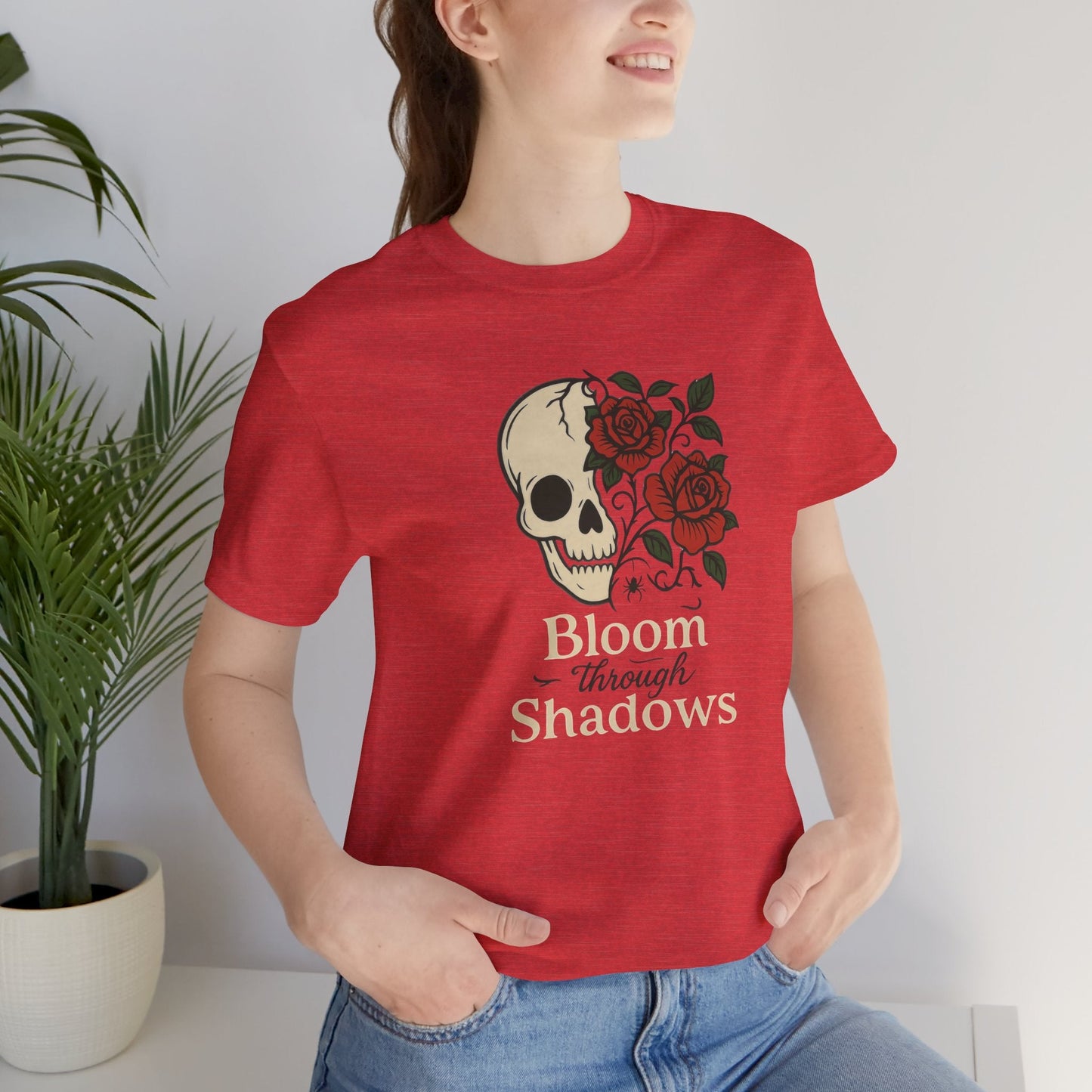 Bloom Through Shadows T-Shirt – Gothic Skull with Roses Empowerment Tee - Spirit Stitch