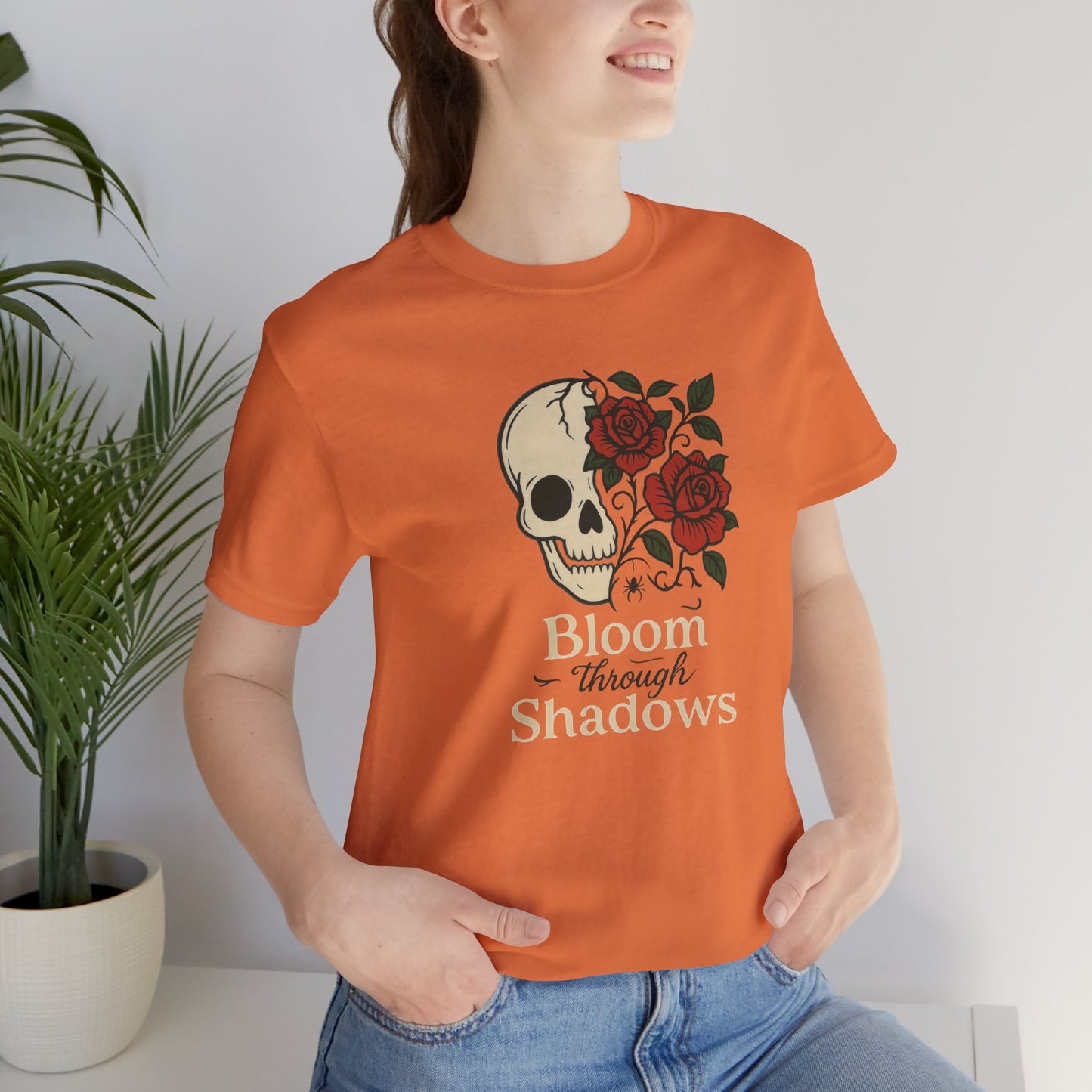 Bloom Through Shadows T-Shirt – Gothic Skull with Roses Empowerment Tee - Spirit Stitch