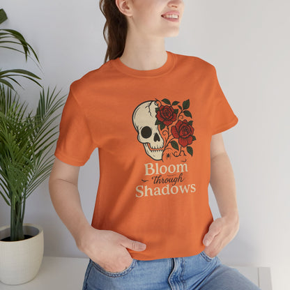 Bloom Through Shadows T-Shirt – Gothic Skull with Roses Empowerment Tee - Spirit Stitch