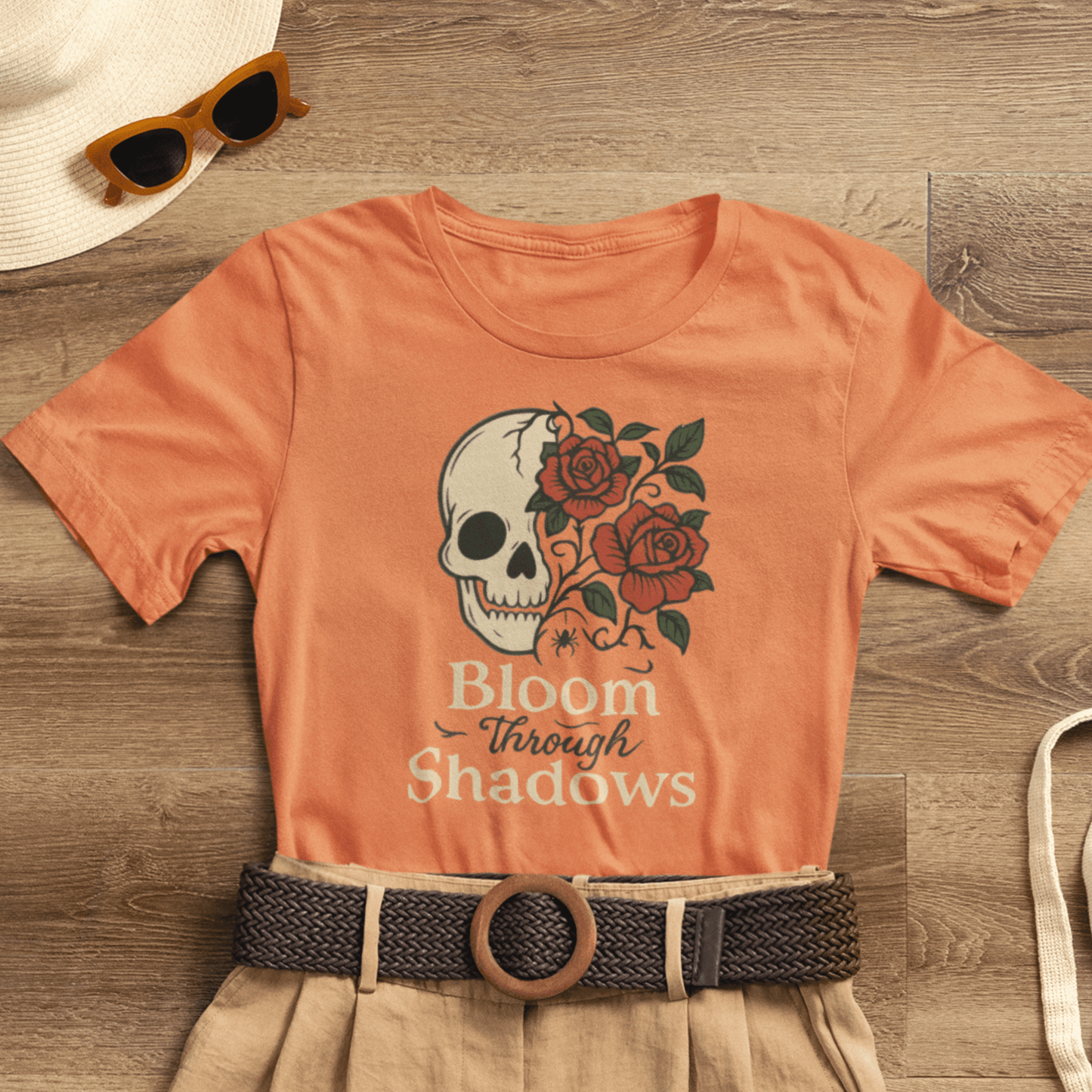 Bloom Through Shadows T-Shirt – Gothic Skull with Roses Empowerment Tee - Spirit Stitch