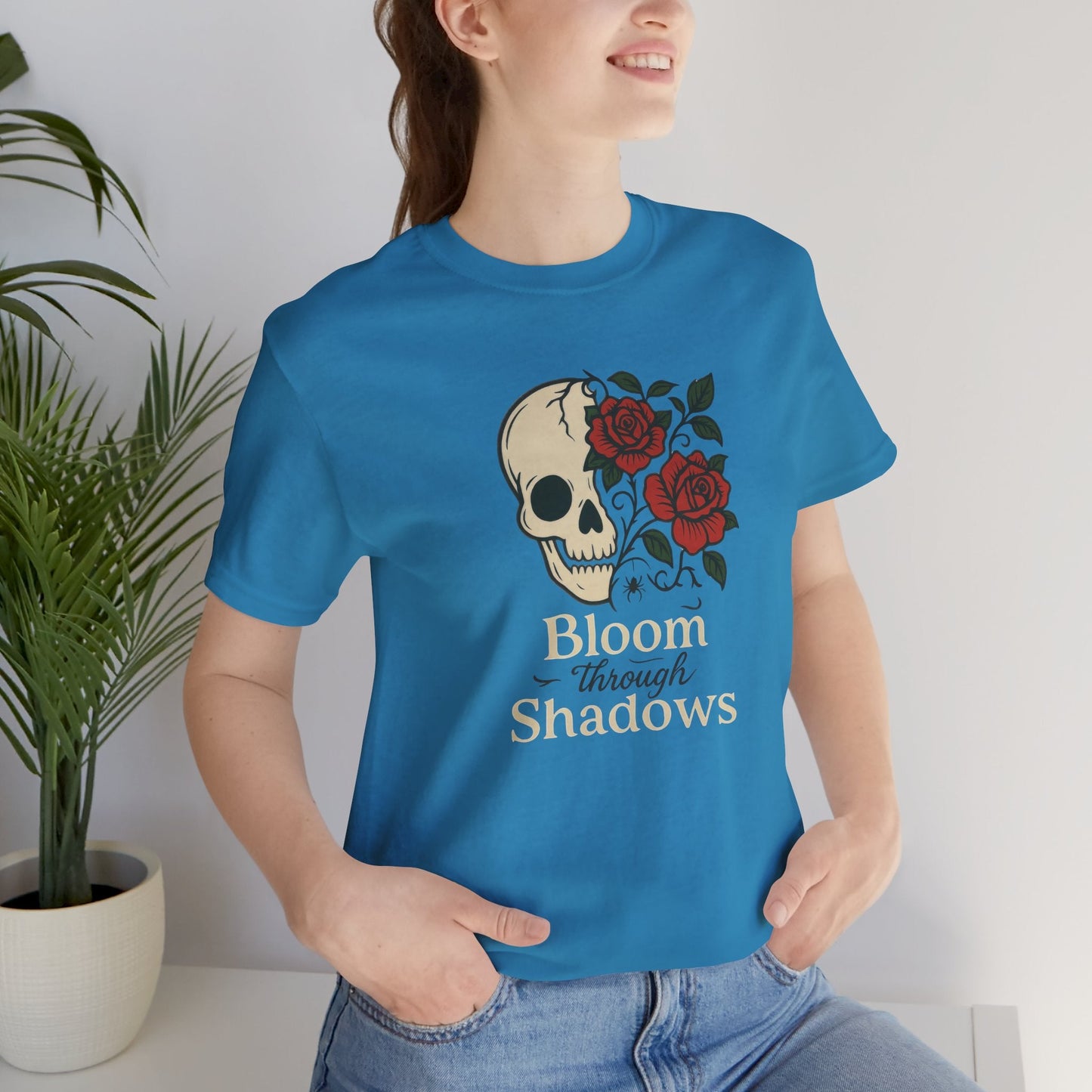 Bloom Through Shadows T-Shirt – Gothic Skull with Roses Empowerment Tee - Spirit Stitch
