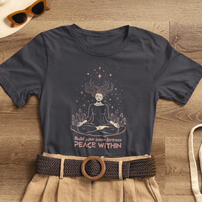 Build Your Inner Fortress T-Shirt by Printify featuring a peaceful meditation design for spiritual self-protection and healing.
