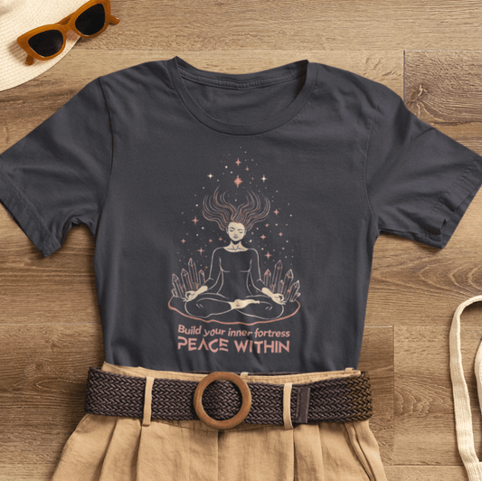 Build Your Inner Fortress T-Shirt by Printify featuring a peaceful meditation design for spiritual self-protection and healing.