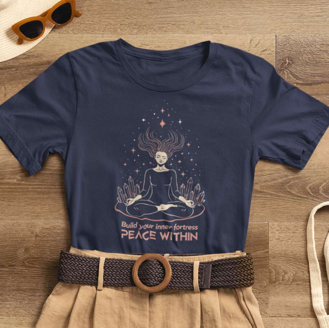 Build Your Inner Fortress T-Shirt by Printify featuring a peaceful meditation graphic for spiritual self-protection and healing.