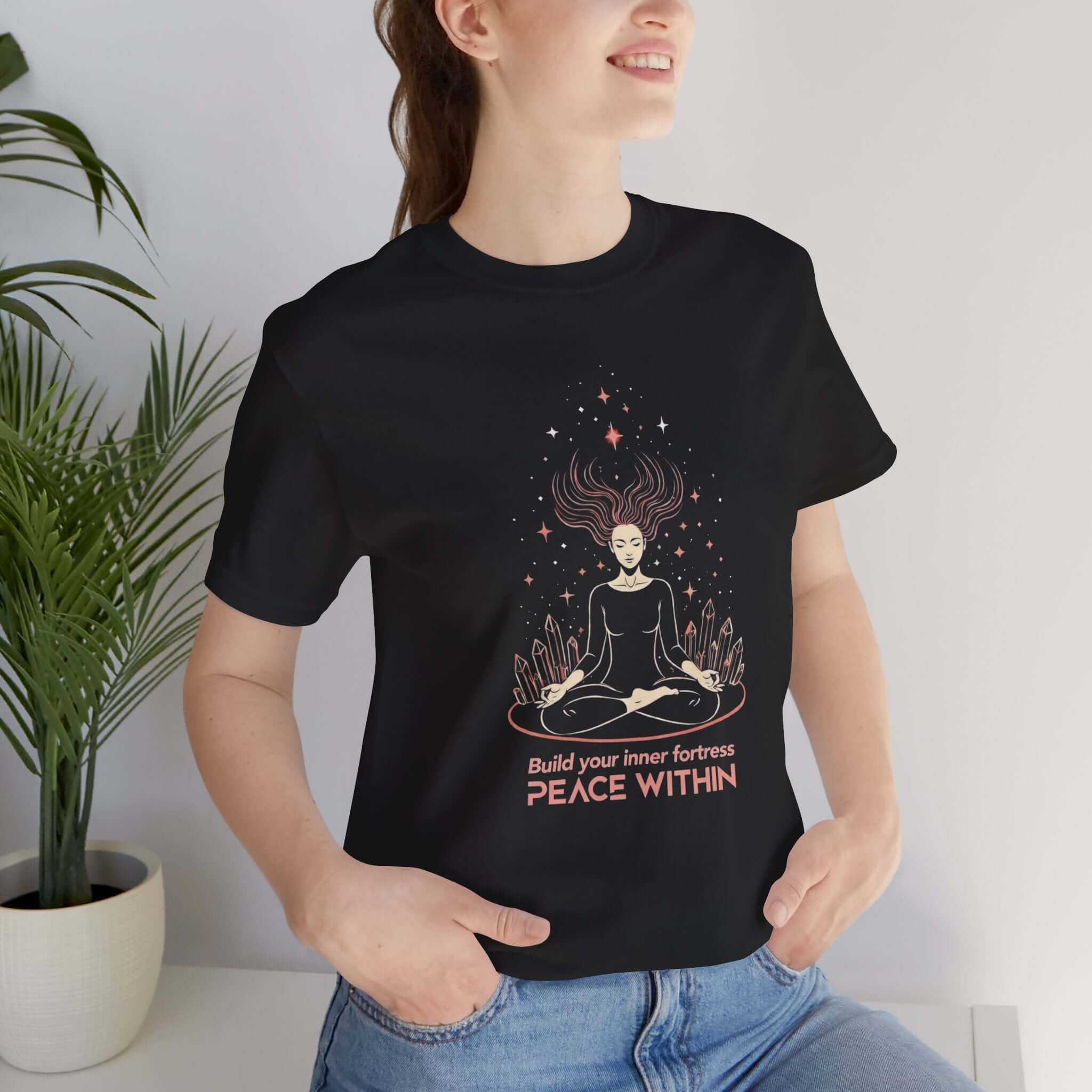 Build Your Inner Fortress T-Shirt by Printify featuring a peaceful meditation graphic for spiritual self-protection and healing.