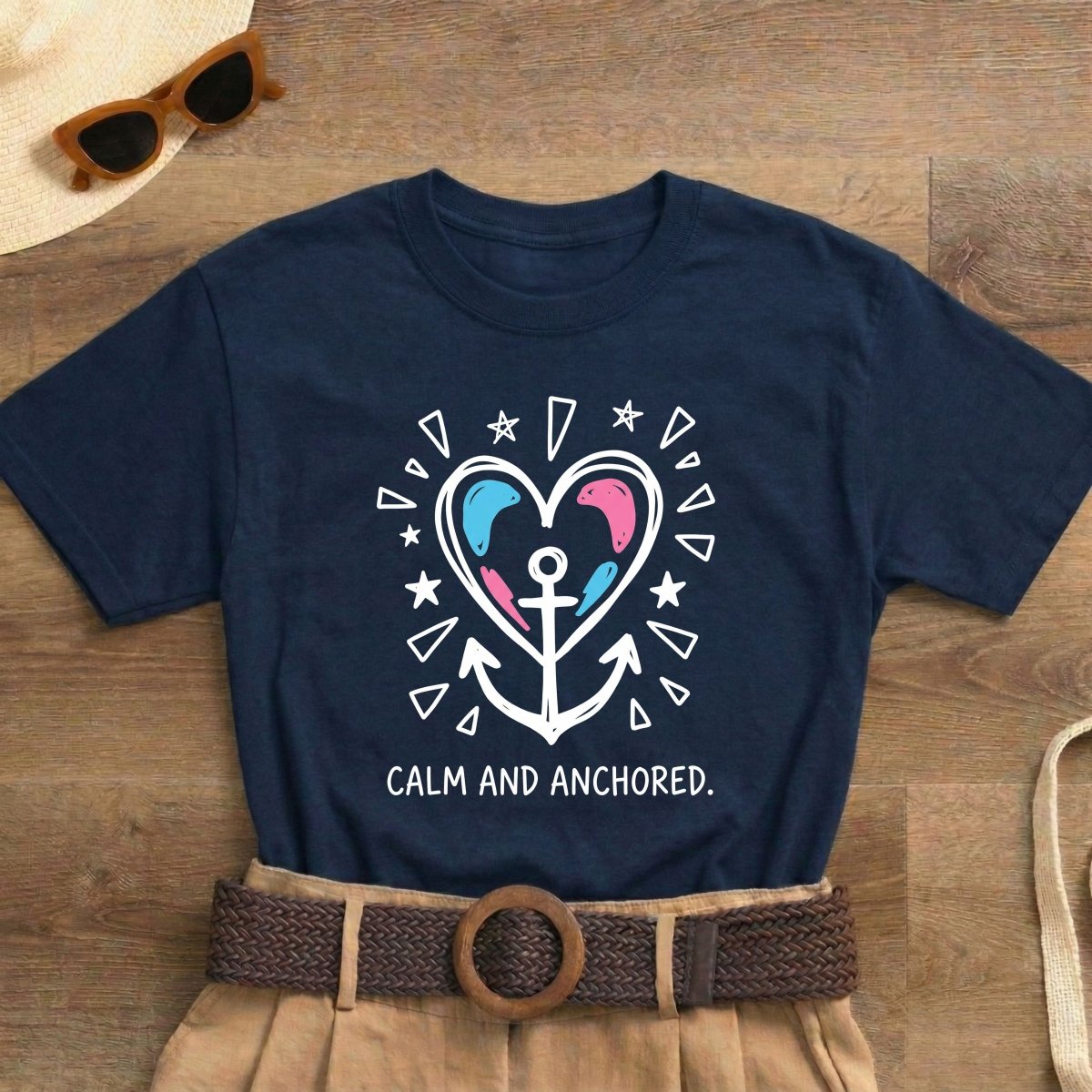 Calm and Anchored Shirt | Classic Heavy Cotton Tee | Anchor Heart Tee | Anxiety Relief Gift | Grounding Shirt - Spirit Stitch