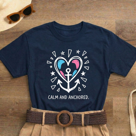 Calm and Anchored Shirt | Classic Heavy Cotton Tee | Anchor Heart Tee | Anxiety Relief Gift | Grounding Shirt - Spirit Stitch