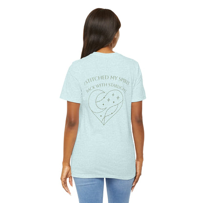 Cosmic Heart Pocket Tee – Minimalist Moon & Stars Graphic T-Shirt | Unisex Spiritual Gift Top - Spirit Stitch
