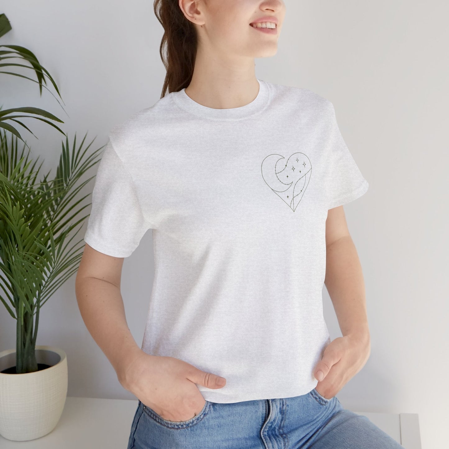 Cosmic Heart Pocket Tee – Minimalist Moon & Stars Graphic T-Shirt | Unisex Spiritual Gift Top - Spirit Stitch